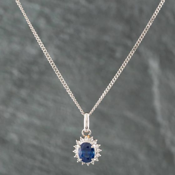 Second Hand Platinum 1.27ct Sapphire & 0.21ct Brilliant Cut Diamond Oval Pendant & 16 Inch Curb Chain 43141017