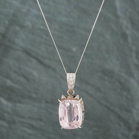 Second Hand Platinum 22.10ct Kunzite & 0.12ct Brilliant Cut Diamond Large Cushion Pendant & 18 Inch Curb Chain 43141021