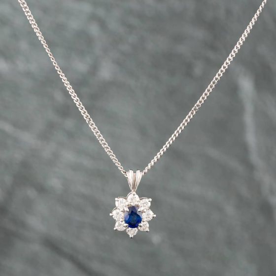 Second Hand Platinum 0.60ct Sapphire & 0.54ct Brilliant Cut Diamond Oval Pendant & 16 Inch Curb Chain 43141029