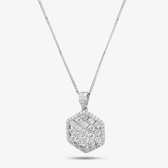 Second Hand 18ct White Gold 1.58ct Brilliant Cut Diamond Hexagon Stone Set Pendant & 18 Inch Box Chain 4314102