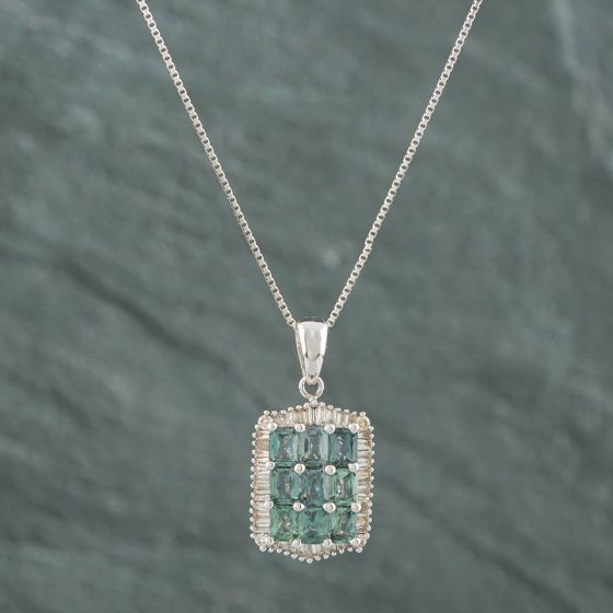 Second Hand 18ct White Gold 2.00ct Green Sapphire & 0.40ct Baguette Cut Diamond Oblong Pendant & 18 Inch Box Chain 43141030