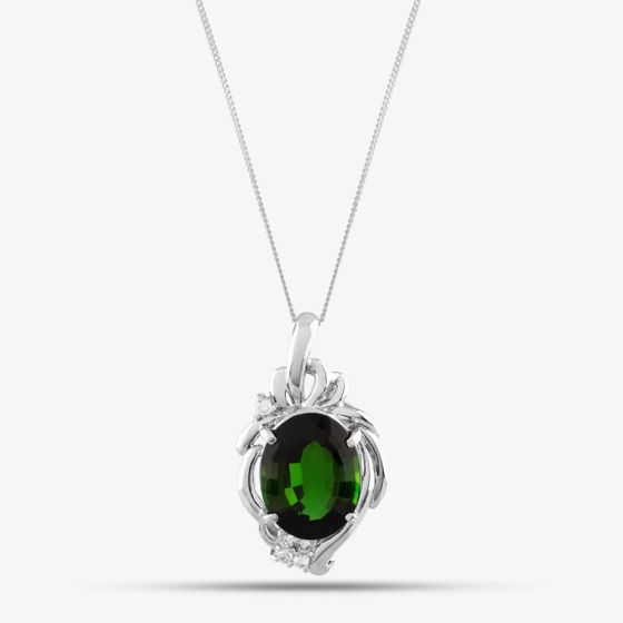 Second Hand Platinum 10.86ct Green Tourmaline & 0.17ct Brilliant Cut Diamond Large Oval Pendant & 18 Inch Curb Chain 43141049