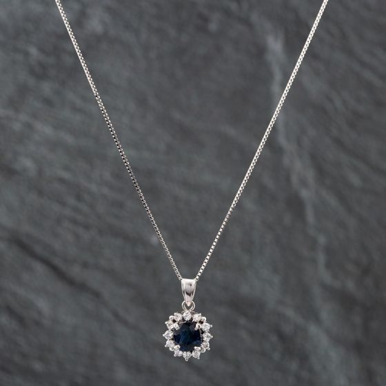 Second Hand Platinum Sapphire & Brilliant Cut Diamond Cushion Shape Cluster Pendant & 18 Inch Box Chain 43141064