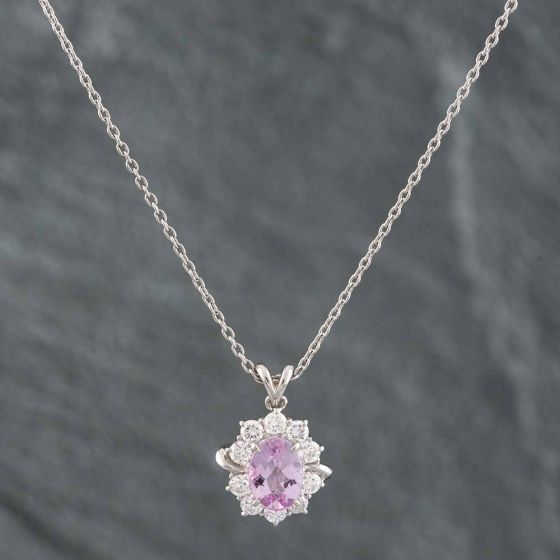 Second Hand Platinum 0.95ct Oval Cut Pink Topaz & 0.43ct Brilliant Cut Diamond Cluster Pendant & 16 Inch Trace Chain 43141067