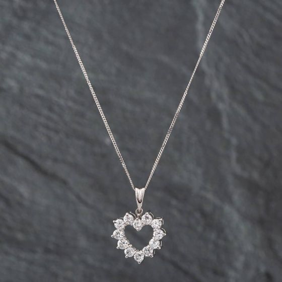 Second Hand Platinum 1.00ct Brilliant Cut Diamond Open Heart Pendant & 18 Inch Curb Chain 43141069