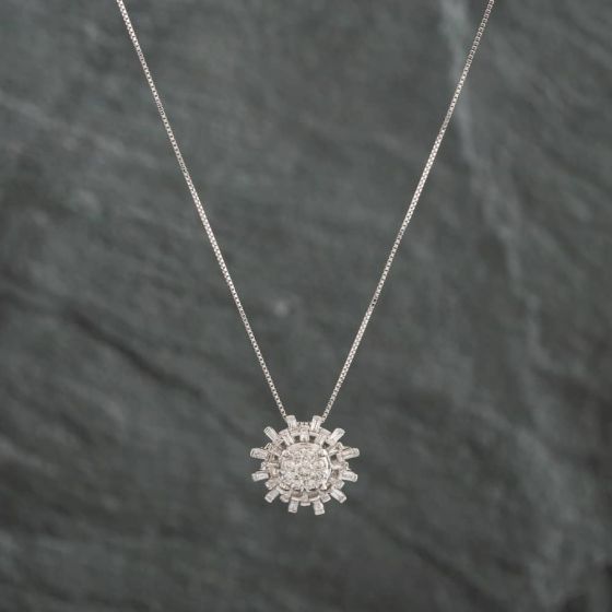 Second Hand 9ct White Gold 0.50ct Diamond Star Burst Pendant & 18 Inch Box Chain 4314106