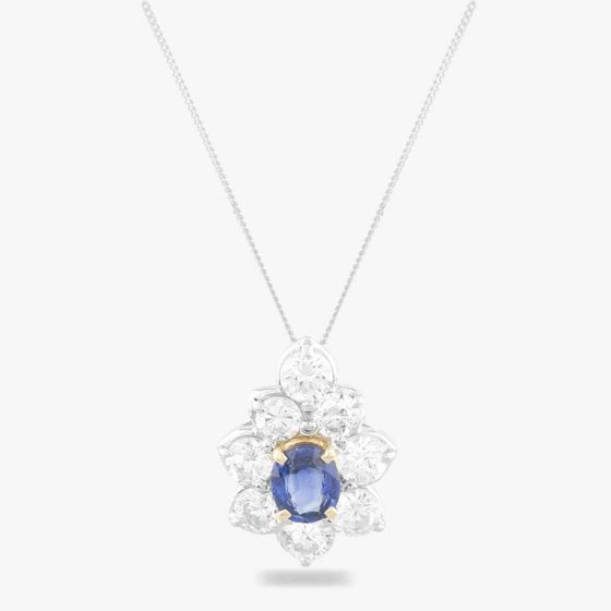 Second Hand 18ct Two Colour Gold 0.54ct Oval Cut Sapphire & 1.03ct Brilliant Cut Diamond Cluster Pendant & 18 Inch Curb Chain 43141072