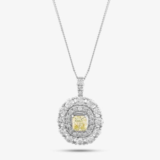 Second Hand Platinum Certificated 1.56ct Yellow & White Diamond Oval Cluster Pendant & 18 Inch Curb Chain 43141075