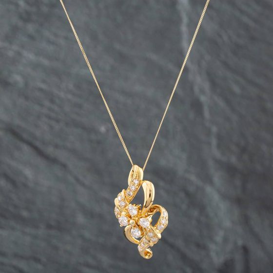 Second Hand 18ct Yellow Gold 1.05ct Brilliant Cut Diamond Swirl Pendant & 18 Inch Curb Chain 43141083