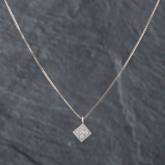 Second Hand 9ct White Gold Brilliant Cut Diamond Pave Square Cluster Pendant & 16 Inch Box Chain 43141087