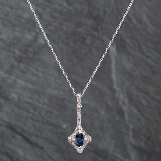 Second Hand 14ct White Gold Sapphire & Brilliant Cut Diamond Pendant & 16 Inch Trace Chain 43141090