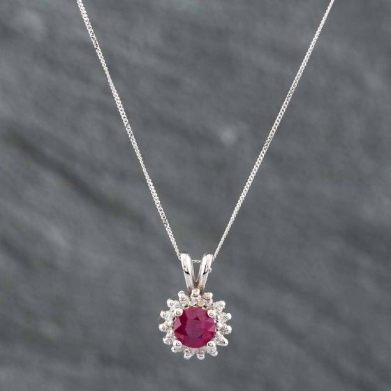 Second Hand 14ct White Gold Round Cut Ruby & Brilliant Cut Diamond Pendant & 18 Inch Curb Chain 43141091