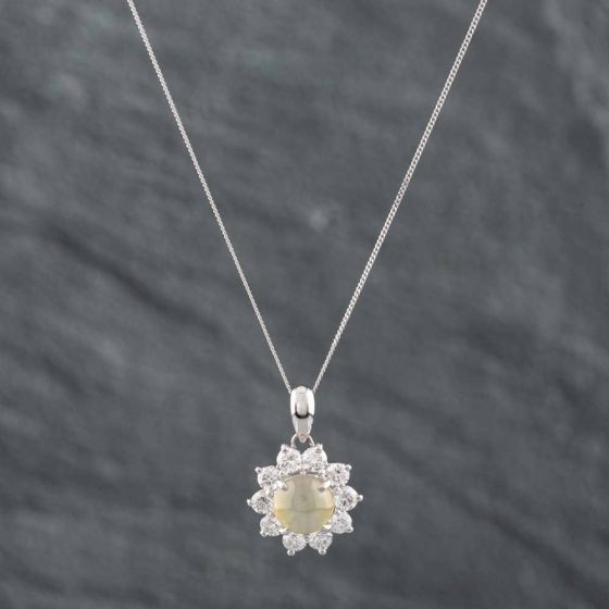 Second Hand Platinum Certificated 1.35ct Round Chrysoberyl Cats Eye & 0.60ct Brilliant Cut Diamond Cluster Pendant & 18 Inch Curb Chain 43141096