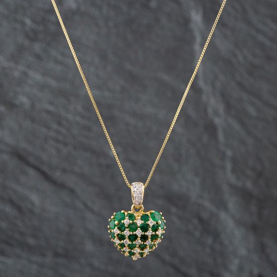 Second Hand 18ct Yellow Gold 2.40ct Emerald & 0.42ct Brilliant Cut Diamond Heart Pendant & 18 Inch Box Chain 43141099