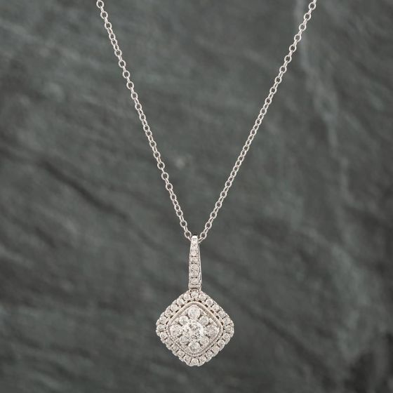 Second Hand 9ct White Gold 1.00ct Brilliant Cut Diamond Pendant & 18 Inch Trace Chain 43141106