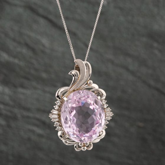 Second Hand Platinum Certificated 22.97ct Kunzite & 0.38ct Diamond Oval Pendant & 18 Inch Curb Chain 43141111
