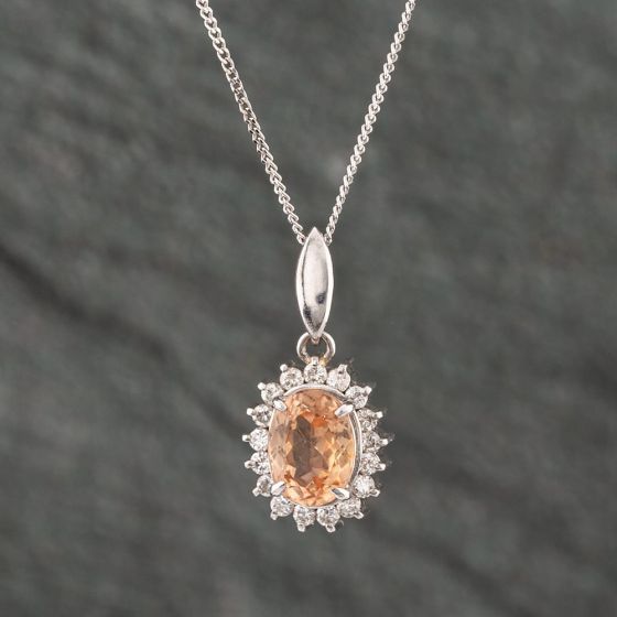Second Hand Platinum Certificated 1.32ct Imperial Golden Topaz & 0.23ct Brilliant Cut Diamond Oval Cluster Pendant & 18 Inch Curb Chain 43141114