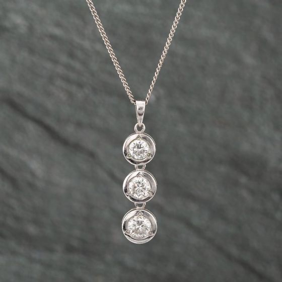 Second Hand Platinum 1.04ct Brilliant Cut Diamond Three Stone Pendant & 16 Inch Curb Chain 43141115