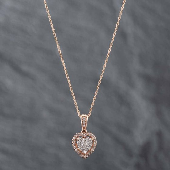 Second Hand 9ct Two Colour Gold 0.25ct Brilliant Cut Diamond Halo Heart Pendant & 18 Inch Prince Of Wales Chain 43141160