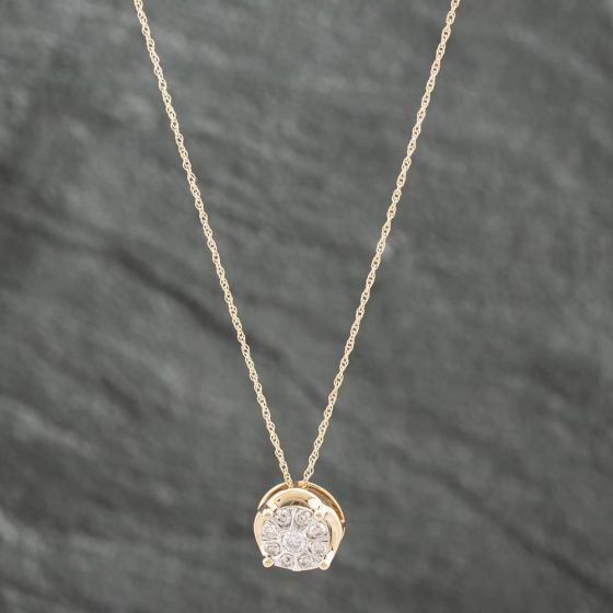 Second Hand 9ct Two Colour Gold 0.25ct Brilliant Cut Diamond Cluster Pendant & 18 Inch Prince Of Wales Chain 43141161