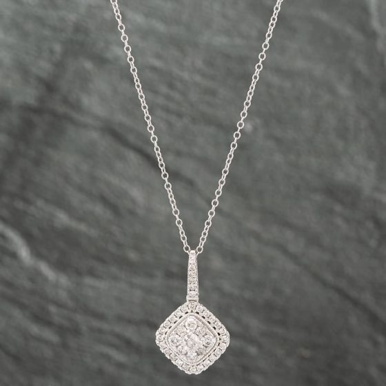 Second Hand 9ct White Gold 1.00ct Brilliant Cut Diamond Square Shaped Cluster Pendant & 18 Inch Trace Chain 43141163