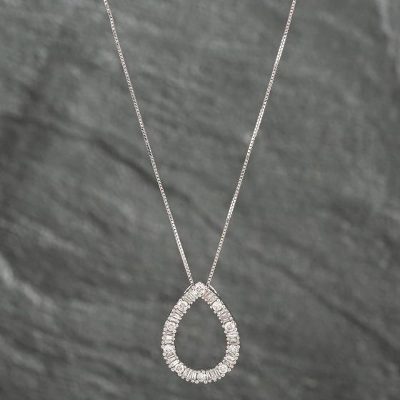 Second Hand 9ct White Gold 0.50ct Diamond Openwork Teardrop Pendant & 18 Inch Box Chain 43141166