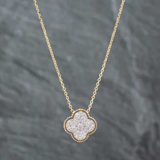 Second Hand 14ct Two Colour Gold Brilliant Cut Diamond Pave Pendant & 16-18 Inch Trace Chain 43141172