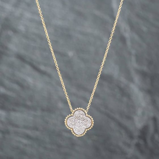 Second Hand 14ct Two Colour Gold Brilliant Cut Diamond Pave Pendant & 16-18 Inch Trace Chain 43141173