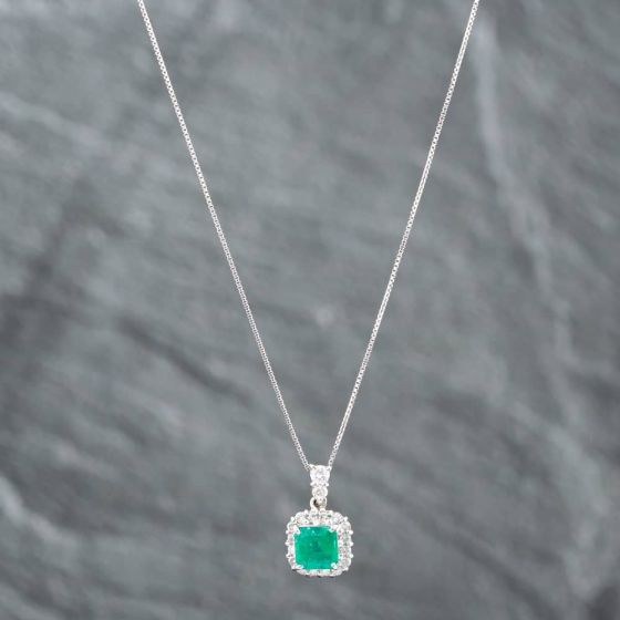 Second Hand Platinum 0.81ct Cushion Cut Emerald & 0.29ct Brilliant Cut Diamond Pendant & 16-18 Inch Box Chain 43141177