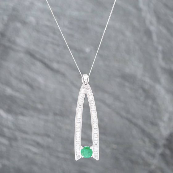 Second Hand 18ct White Gold Emerald & Baguette Cut Diamond Wishbone Pendant & 18 Inch Curb Chain 43141179