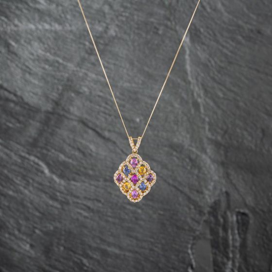 Second Hand 18ct Yellow Gold 2.9ct Multi Coloured Sapphire & 1.02ct Brilliant Cut Diamond Pendant & 18 Inch Curb Chain 43141184