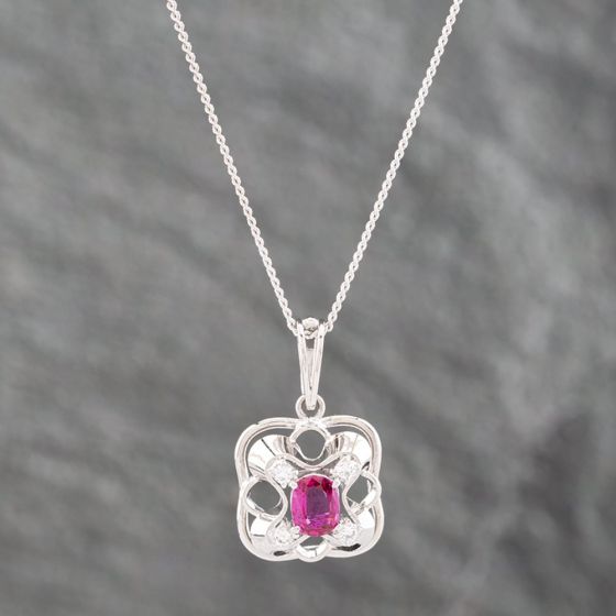 Second Hand Platinum 0.38ct Ruby & 0.08ct Brilliant Cut Diamond Oval Pendant & 18 Inch Curb Chain 43141185