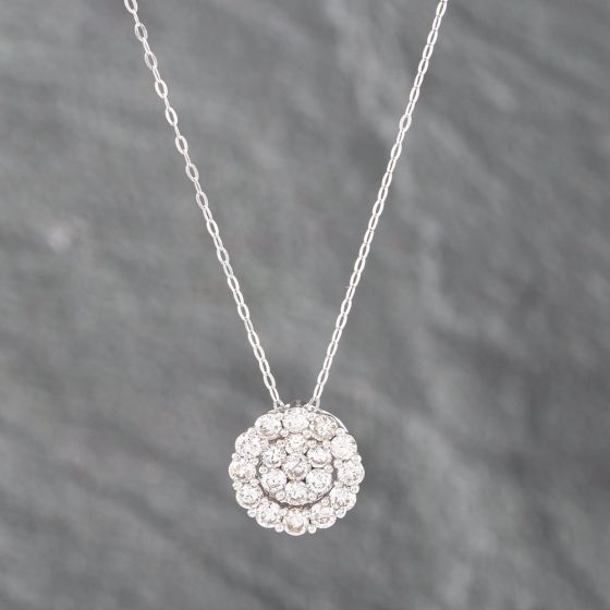 Second Hand 18ct White Gold 1.00ct Brilliant Cut Diamond Halo Cluster Pendant & 16-18 Inch Trace Chain 43141188