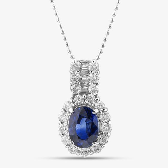 Second Hand 18ct White Gold 1.66ct Sapphire & 0.67ct Diamond Oval Cluster Pendant & 16 Inch Ball Chain 43141189
