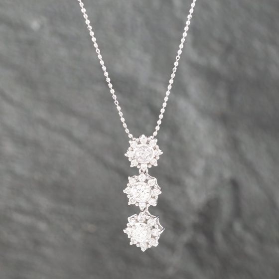 Second Hand 18ct White Gold 1.00ct Brilliant Cut Diamond Graduated Triple Cluster Pendant & 16-18 Inch Ball Chain 43141191