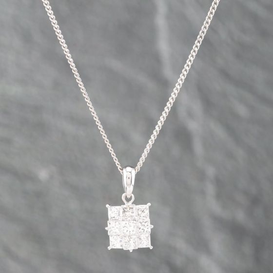 Second Hand Platinum 1.00ct Princess Cut Diamond Square Nine Stone Cluster Pendant & 16 Inch Curb Chain 43141194