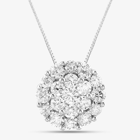 Second Hand 18ct White Gold 3.00ct Brilliant Cut Diamond Round Cluster Pendant & 16-18 Inch Box Chain 43141195