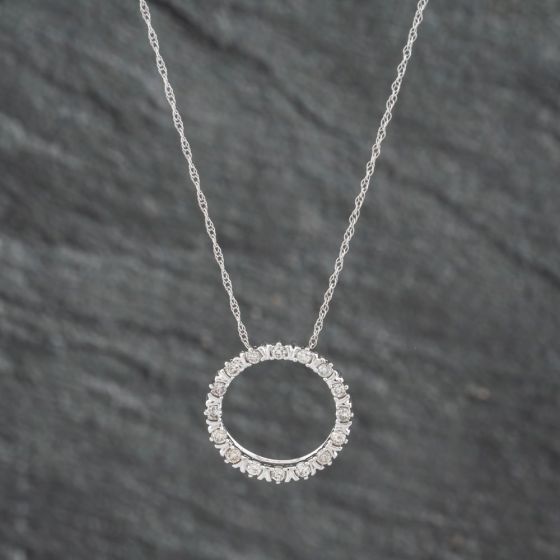 Second Hand 9ct White Gold 0.25ct Diamond Open Circle Pendant & 18 Inch Prince Of Wales Chain 43141198
