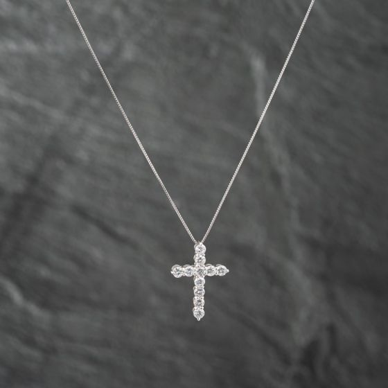 Second Hand Platinum 1.00ct Brilliant Cut Diamond Set Cross Pendant & 16-18 Inch Box Chain 43141205