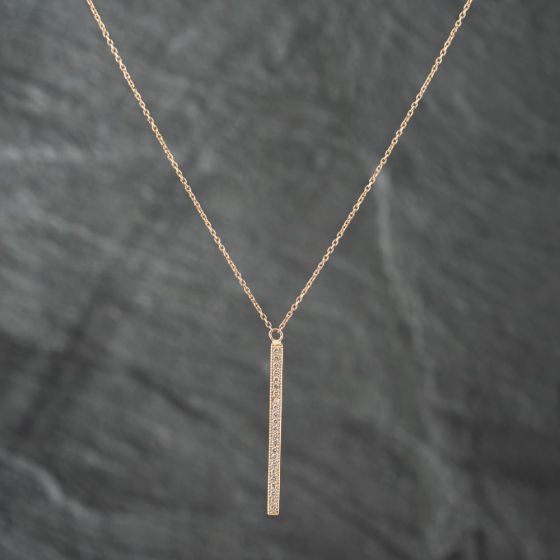 Second Hand 14ct Yellow Gold 0.20ct Brilliant Cut Diamond Set Stick Pendant & 16 Inch Trace Chain 43141209