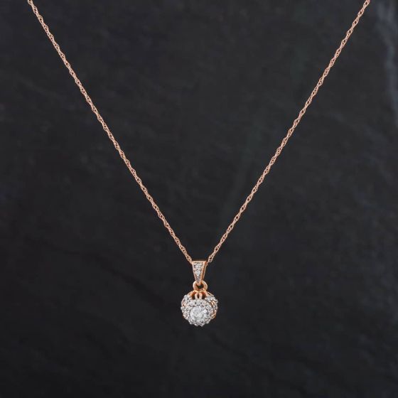 Second Hand 9ct Rose Gold 0.24ct Brilliant Cut Diamond Round Stone Set Pendant & 18 Inch Prince Of Wales Chain 4314120
