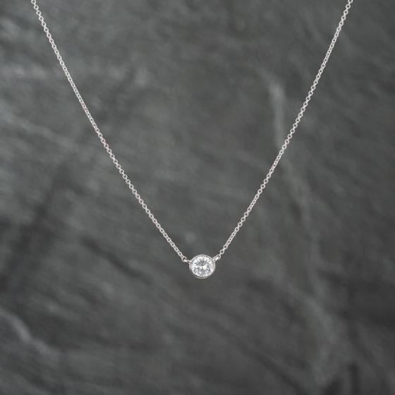 Second Hand 14ct White Gold 0.53ct Brilliant Cut Diamond Single Stone Rubover Set Pendant & 16-20 Inch Trace Chain 43141221