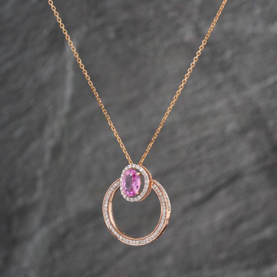 Second Hand 14ct Rose Gold Pink Sapphire & 0.44ct Diamond Oval Swivel Cluster Pendant & 15 Inch Trace Chain 43141230