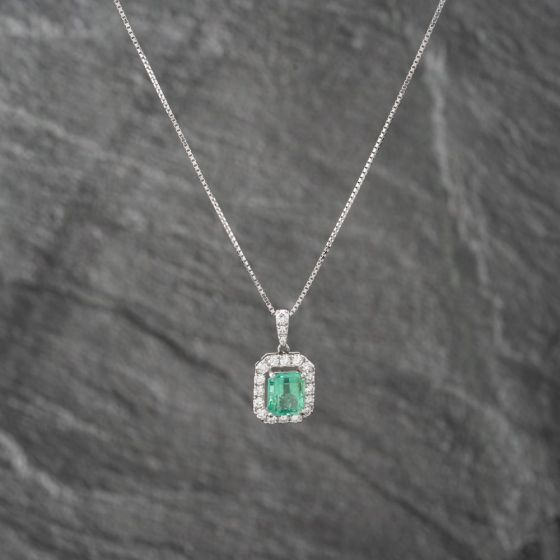 Second Hand Platinum 1.66ct Emerald & 0.47ct Brilliant Cut Diamond Cushion Shape Cluster Pendant & 16-18 Inch Box Chain 43141234