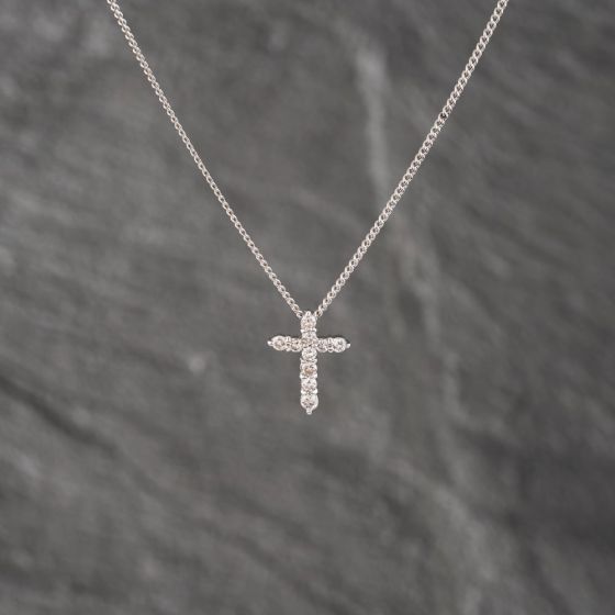 Second Hand Platinum 0.30ct Brilliant Cut Diamond Set Cross Pendant & 16 Inch Curb Chain 43141238