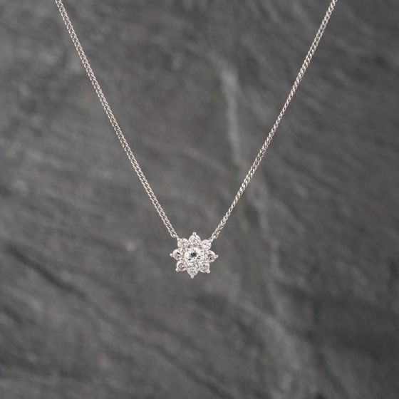 Second Hand Platinum 0.86ct Brilliant Cut Diamond Flower Cluster Pendant & 16 Inch Curb Chain 43141244