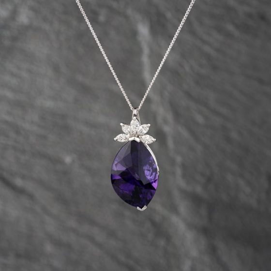 Second Hand Platinum 13.89ct Amethyst & 0.58ct Marquise Cut Diamond Pendant & 16 Inch Curb Chain 43141247