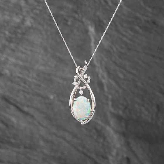 Second Hand Platinum 2.35ct Opal & 0.21ct Brilliant Cut Diamond Fancy Pendant & 16 Inch Curb Chain 43141248