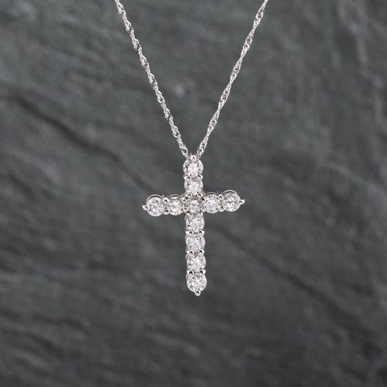 Second Hand Platinum 1.50ct Brilliant Cut Diamond Cross Pendant & 18 Inch Curb Chain 43141254