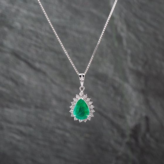 Second Hand Platinum 3.08ct Emerald & 0.62ct Brilliant Cut Diamond Pear Shaped Pendant & 18 Inch Box Chain 43141258